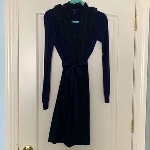 Knit, belted sweater dress with ruffled collar